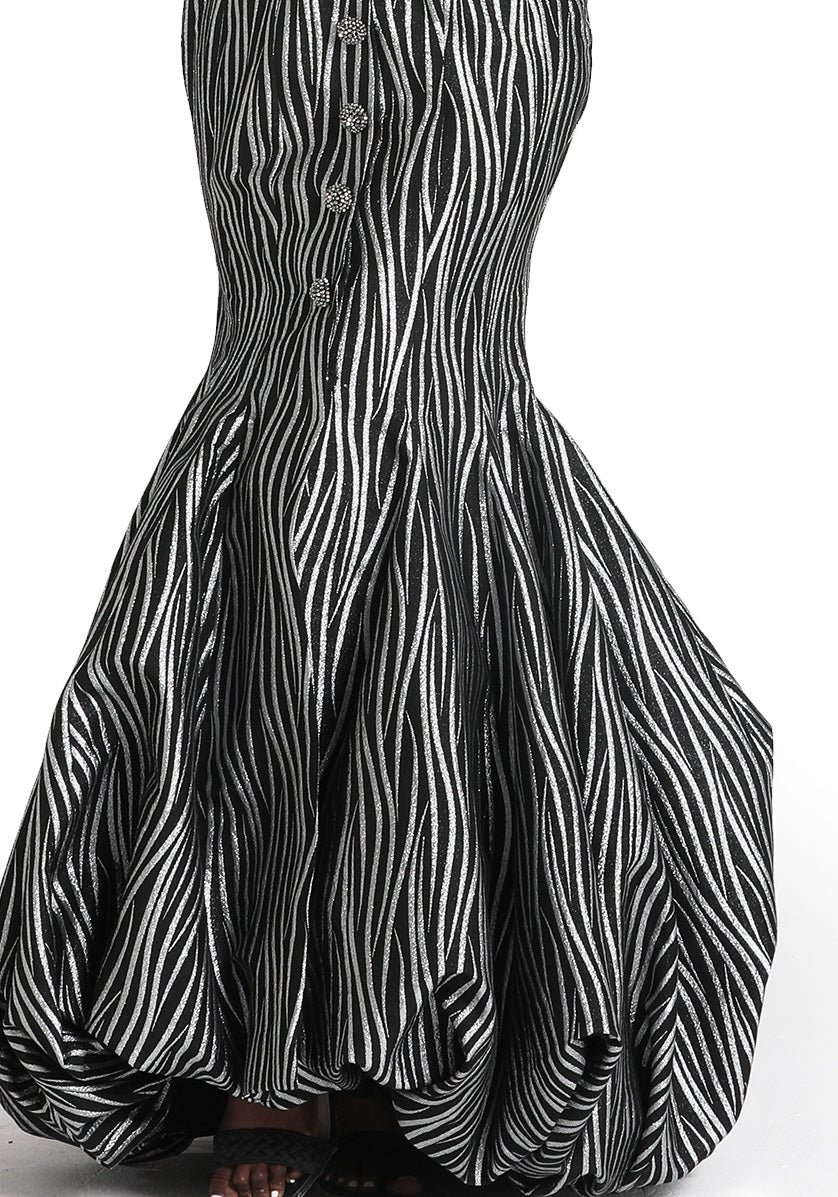 Adita Gown skirt detail, gathered Lurex jacquard flare in black, by Baruni