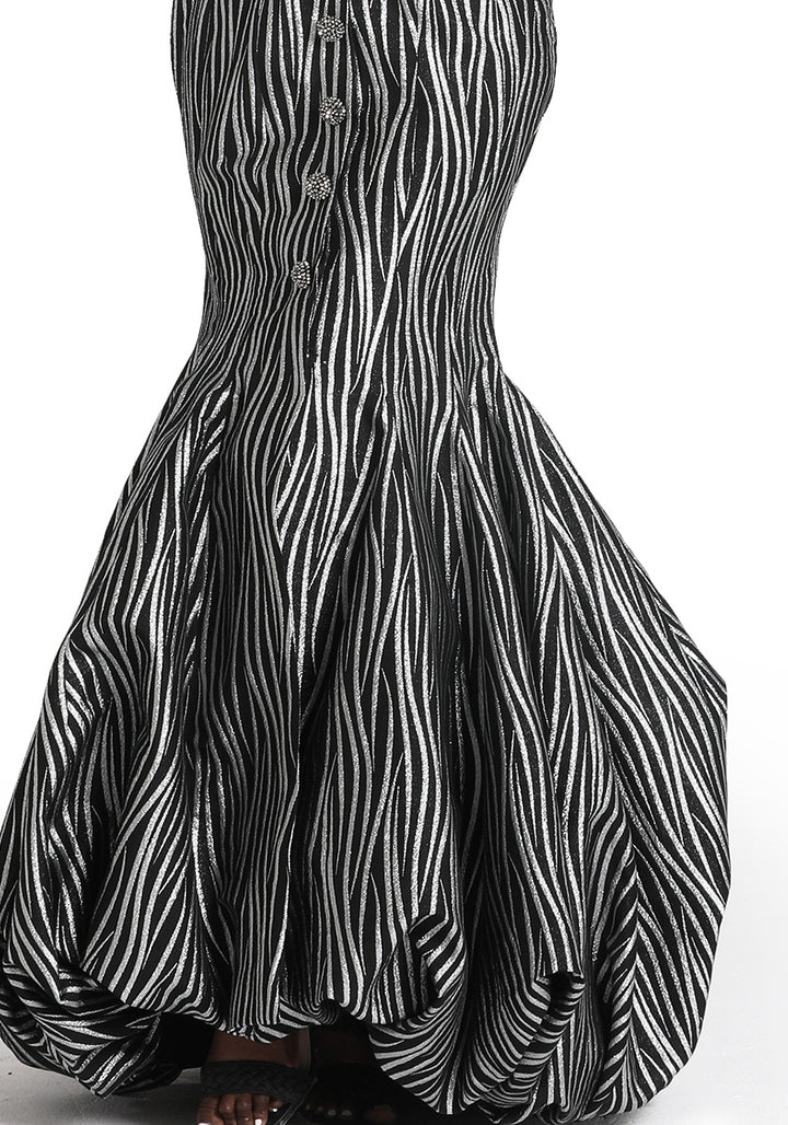 Adita Gown skirt detail, gathered Lurex jacquard flare in black, by Baruni