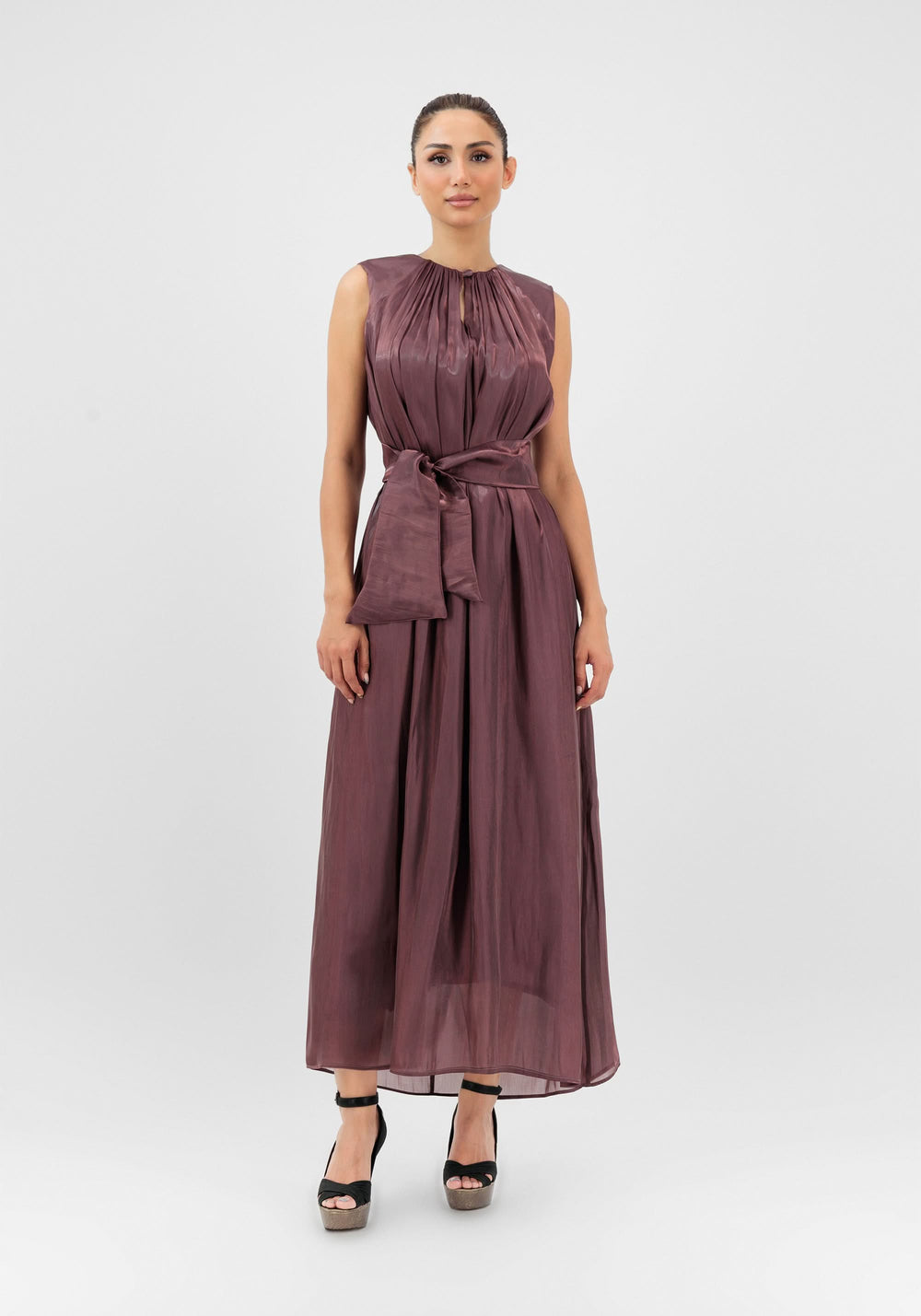 Aubergine sleeveless taffeta dress from the Samarah cape set by Baruni
