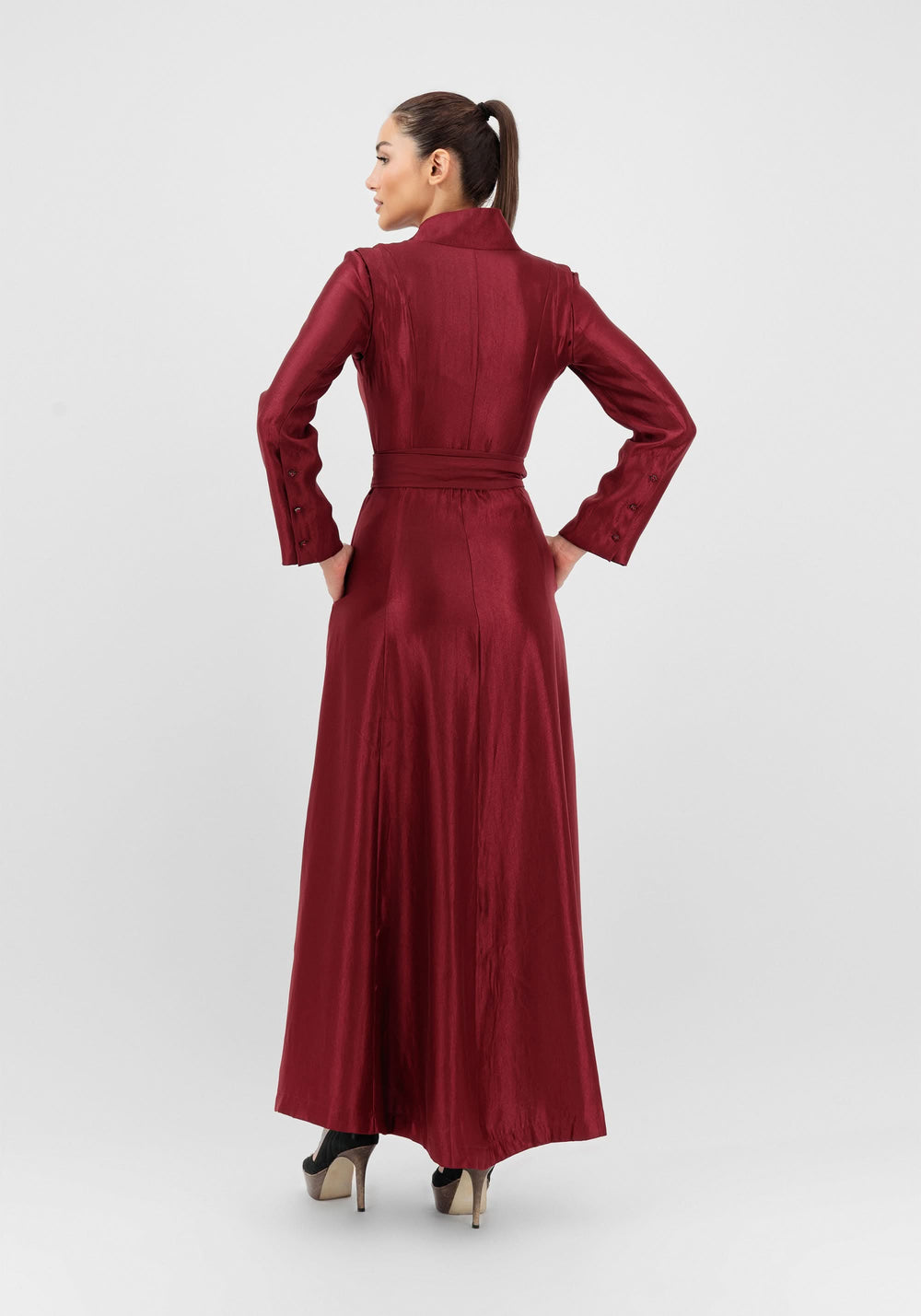 Kayra Dress back view in maroon, high neck maxi with A line skirt, by Baruni