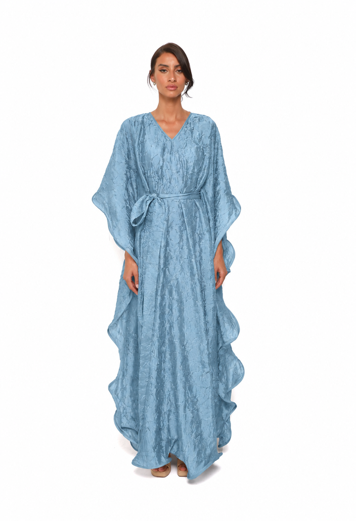 Turquoise crinkle organza kaftan with draped sides and a jersey slip