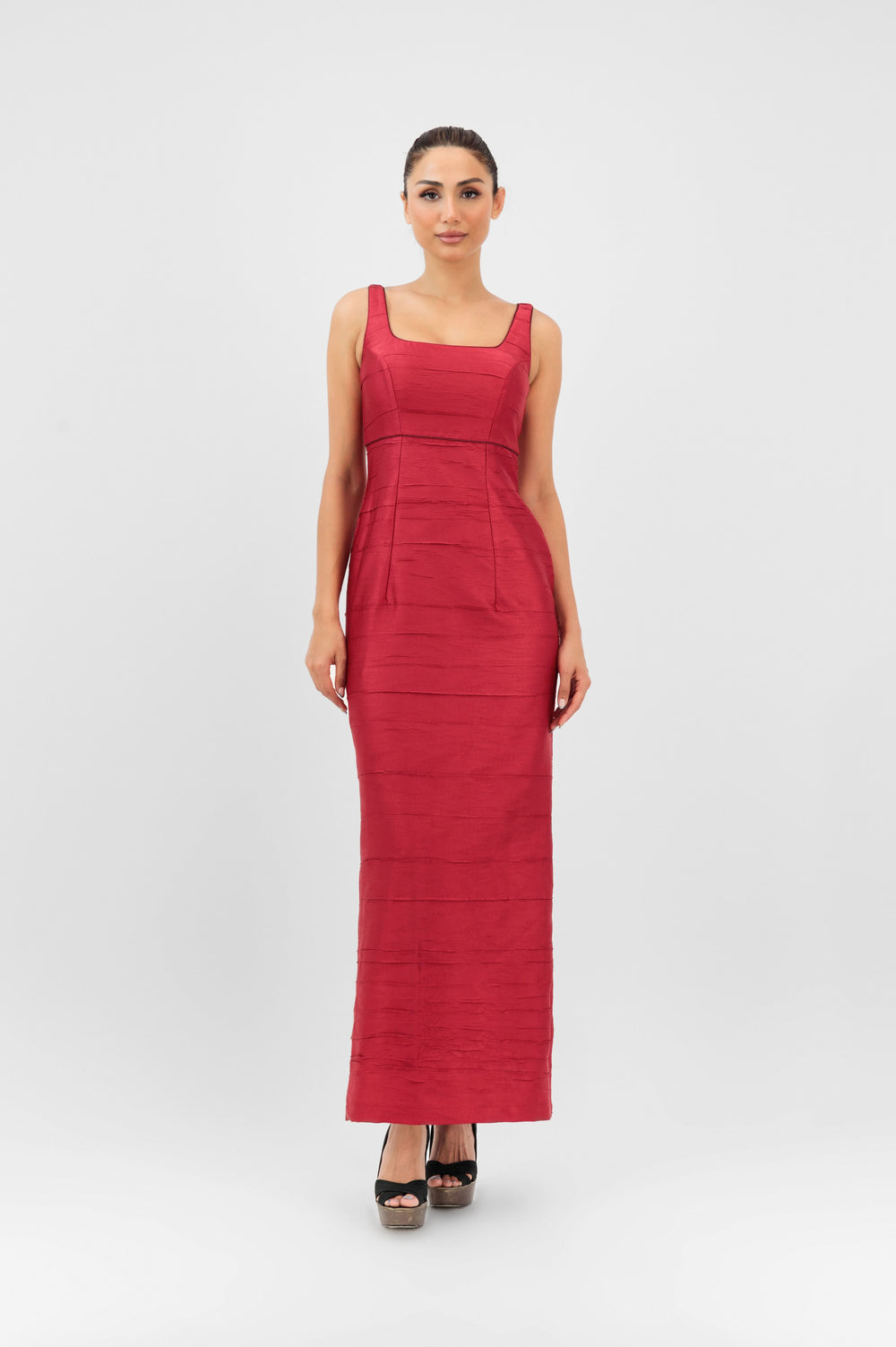 Rawand Set in red, fitted maxi dress worn without the jacket, by Baruni