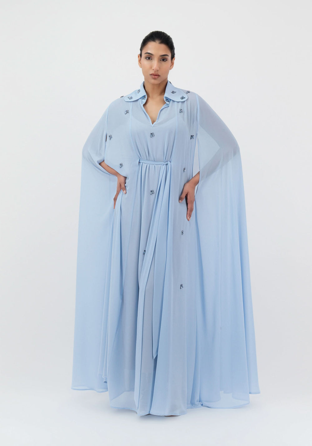 Yara Kaftan in sky blue, free size georgette cape kaftan falling from the shoulder to the floor, by Baruni