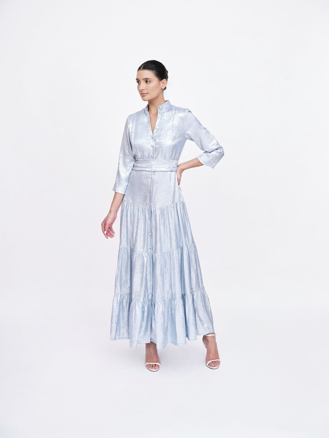 Silver blue metallic foil shirt dress with key hole detail at the neck