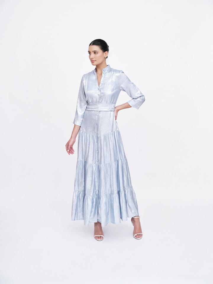 Silver blue metallic foil shirt dress with key hole detail at the neck