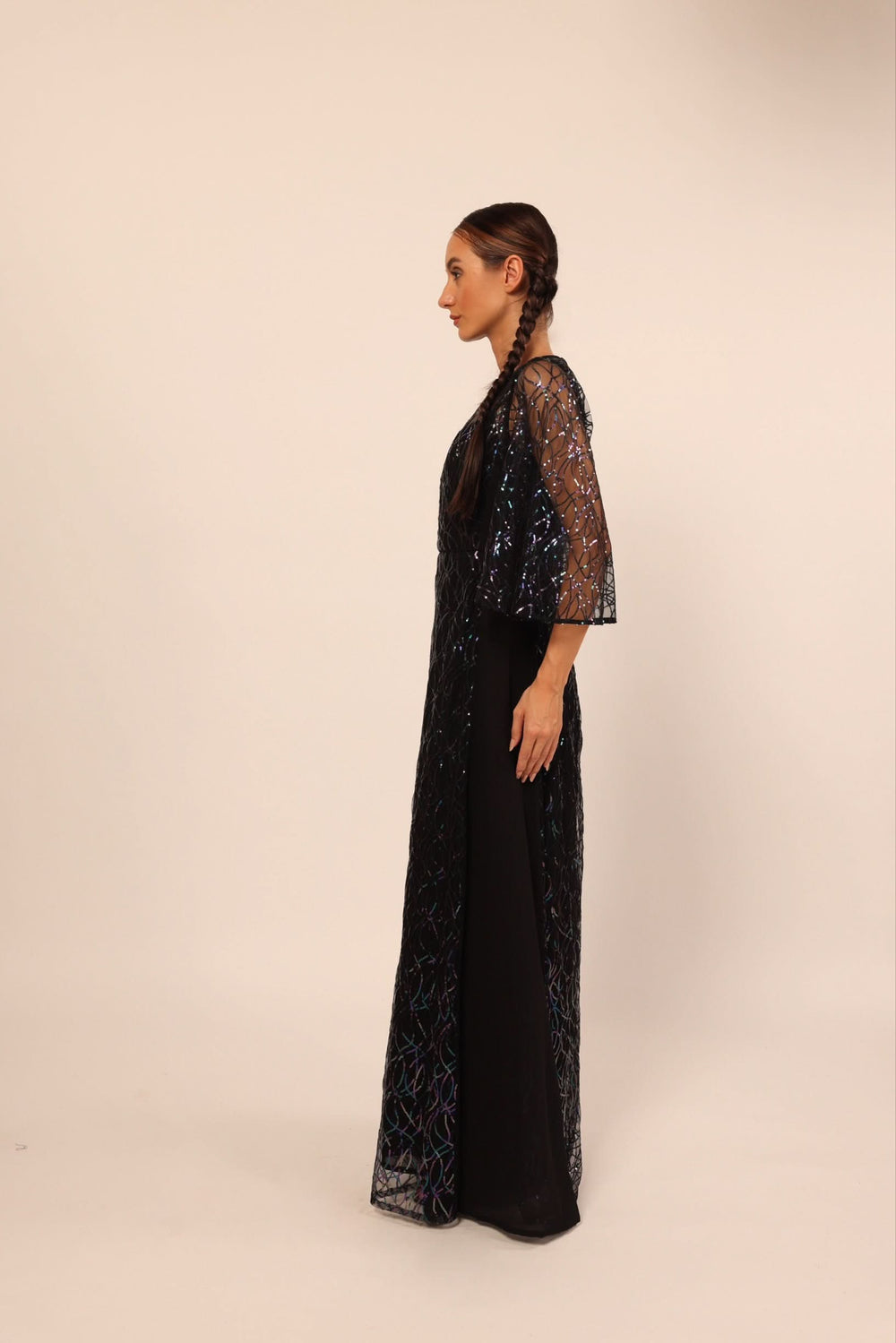Ghaliya Dress side view in black, matt georgette side panel, by Baruni