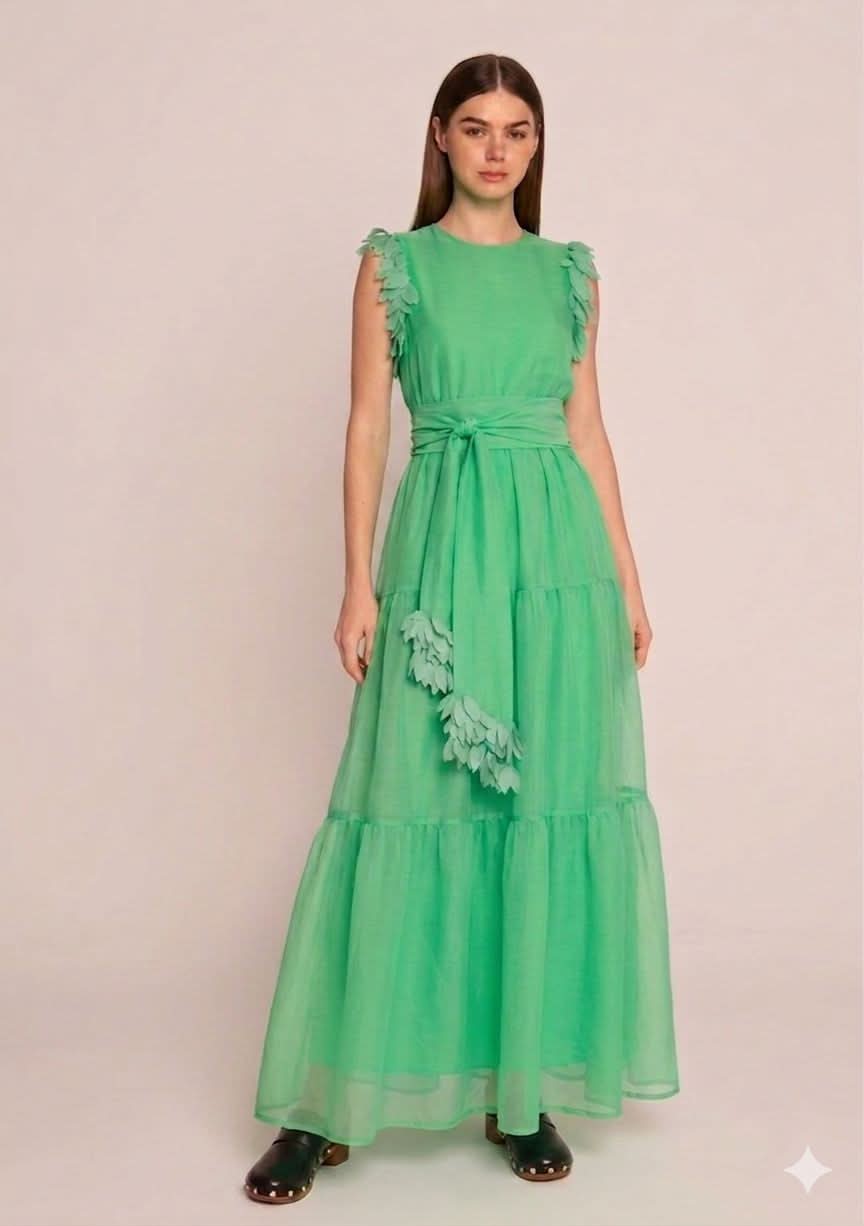 Lime green tiered organza maxi dress with a frilled tie at the waist