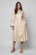 midi dress with gathered sleeves.