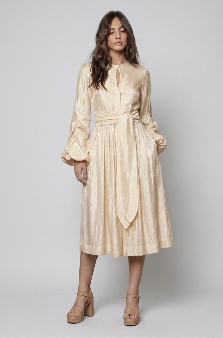 midi dress with gathered sleeves.