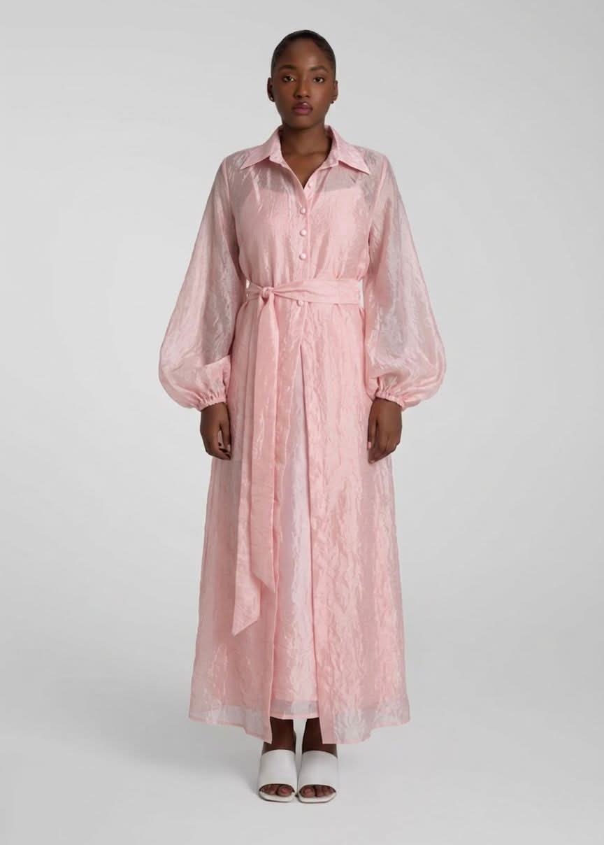 Pink crinkle organza long jacket with a shirt collar and a waist tie