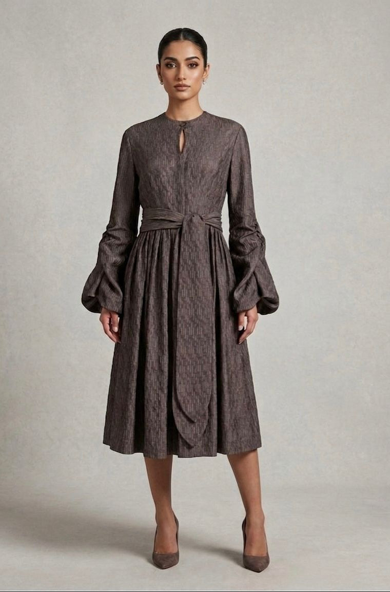 midi dress with gathered sleeves.