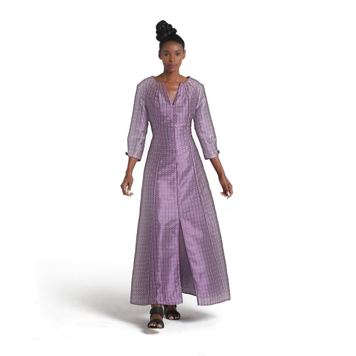 Mulberry jacquard maxi dress with three quarter sleeves and front slit