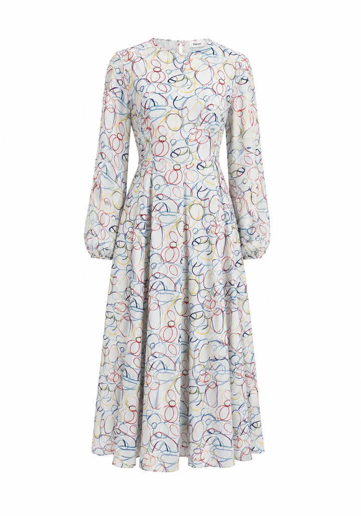 Elegant wedding guest dress with abstract multi-tone print