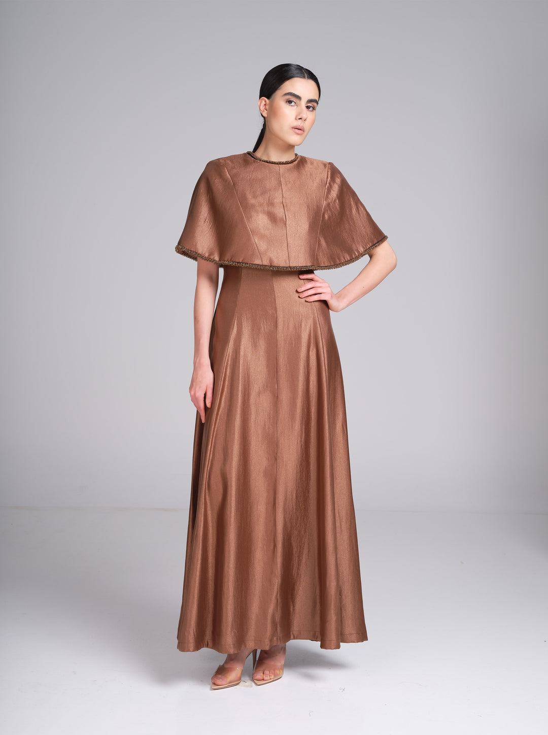 Alya bronze metallic maxi evening gown with short cape