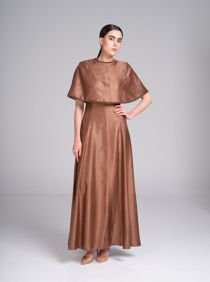 Alya bronze metallic maxi evening gown with short cape