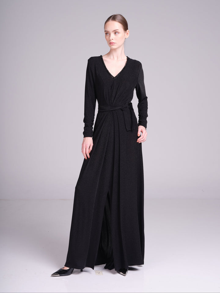 Jouri black metallic long sleeve evening gown with beaded V-neckline