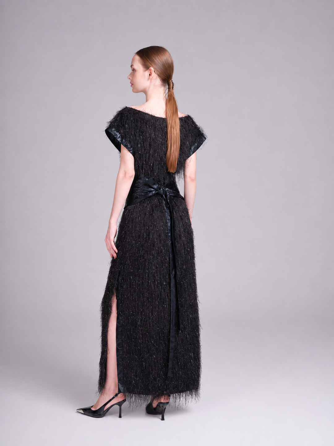Razan black statement occasion dress with leather-effect corset belt