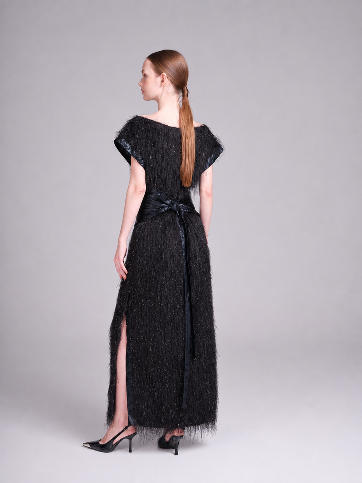 Razan black statement occasion dress with leather-effect corset belt