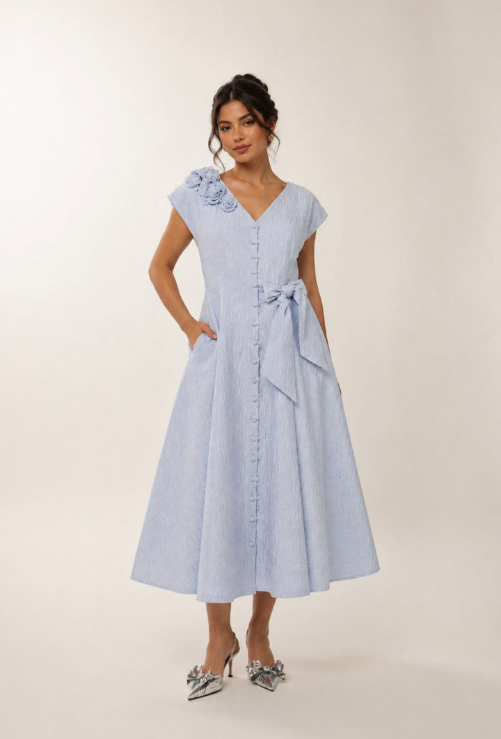 Powder blue jacquard midi cocktail dress with floral neckline by Baruni