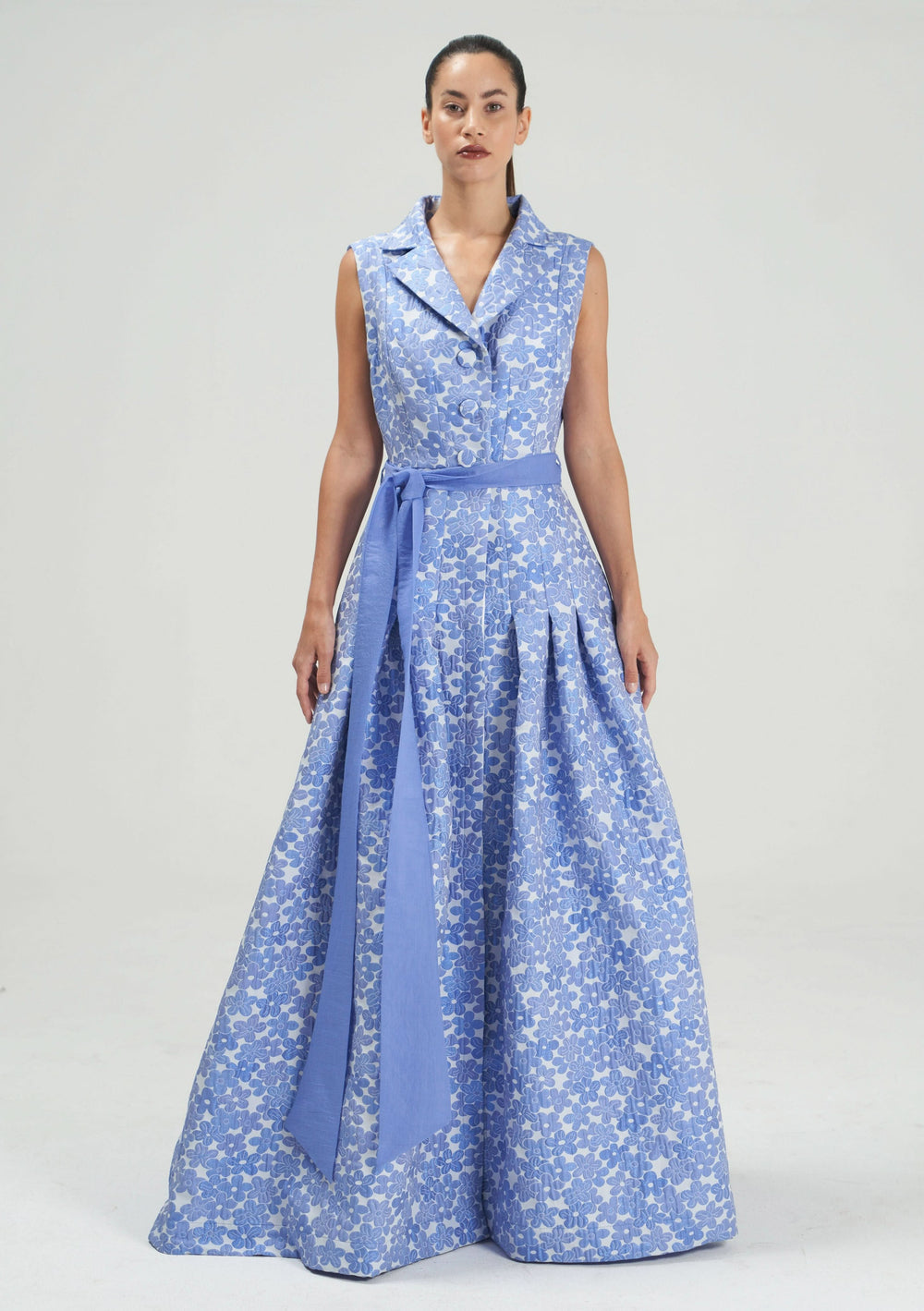 Loretta Gown in cornflower blue, jacquard shirt gown with a jacket lapel collar and detachable sleeves, by Baruni