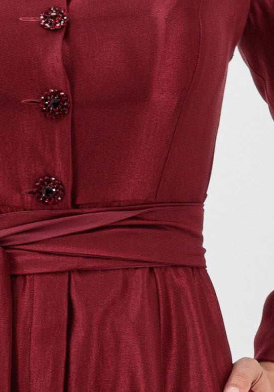 buttons Kayra Dress in maroon, metallic effect shirt maxi with a tie waist, by Baruni