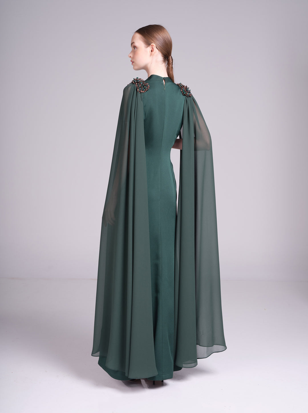 Diala Dress — Cape-Sleeve Crepe Maxi Dress