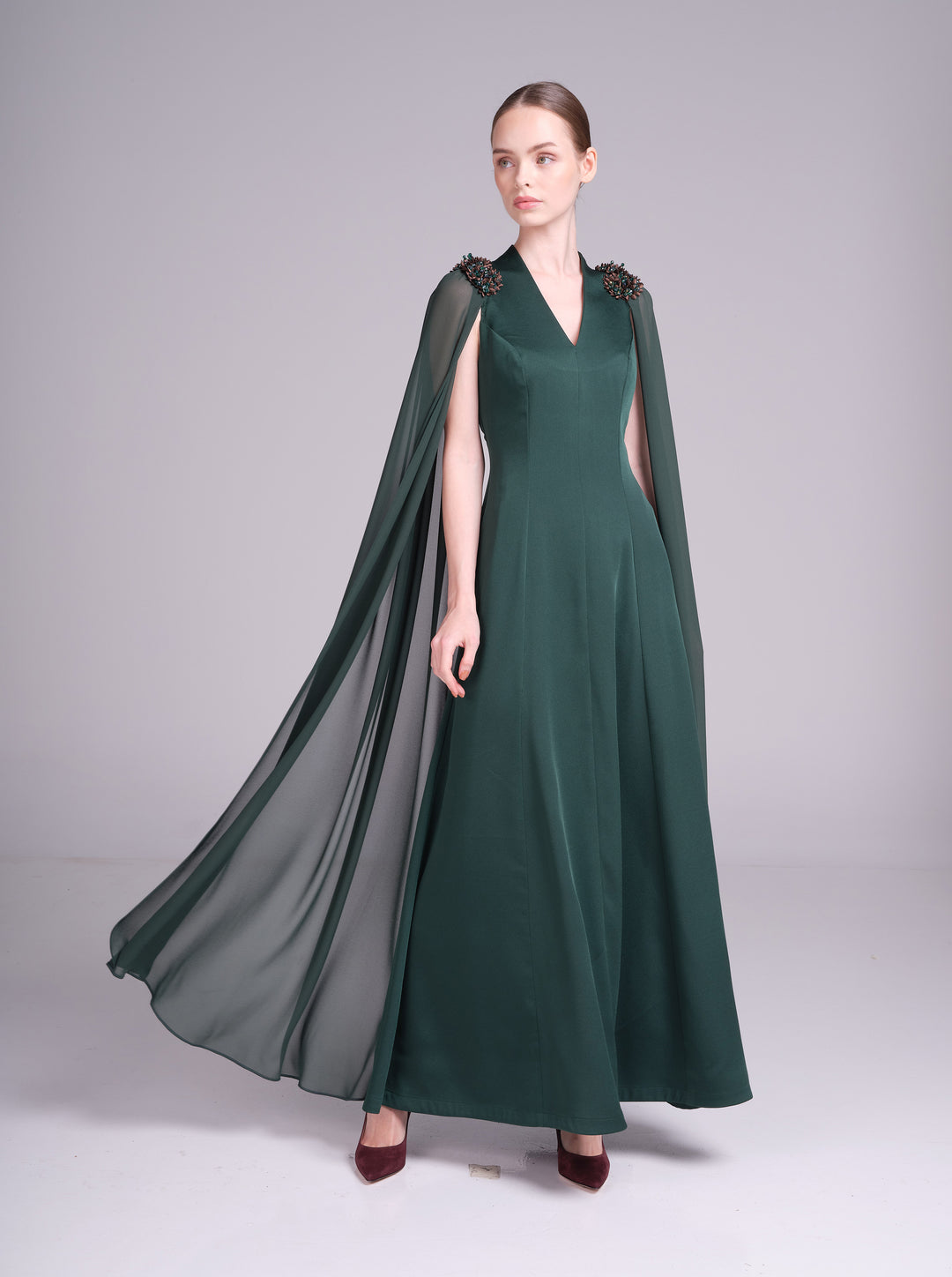 Diala Dress — Cape-Sleeve Crepe Maxi Dress