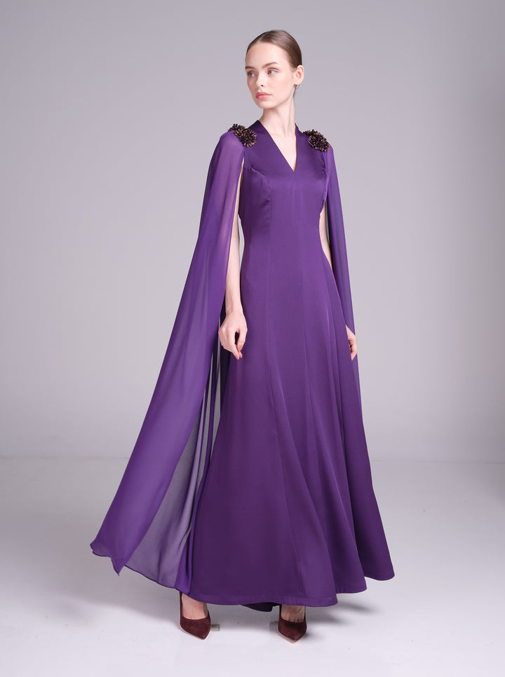 Diala Dress — Cape-Sleeve Crepe Maxi Dress