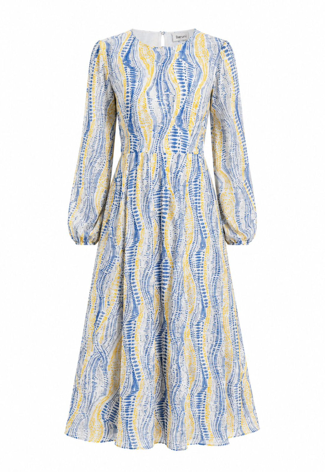 Luxury printed wedding guest midi dress with A-line silhouette