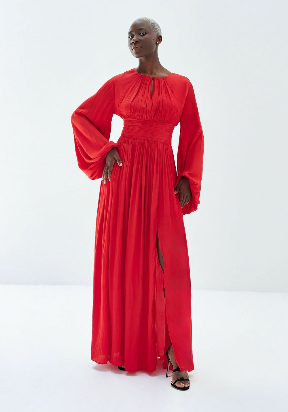 Aberash Dress in red, semi satin maxi dress with long gathered sleeves and a wide gathered waistband, by Baruni