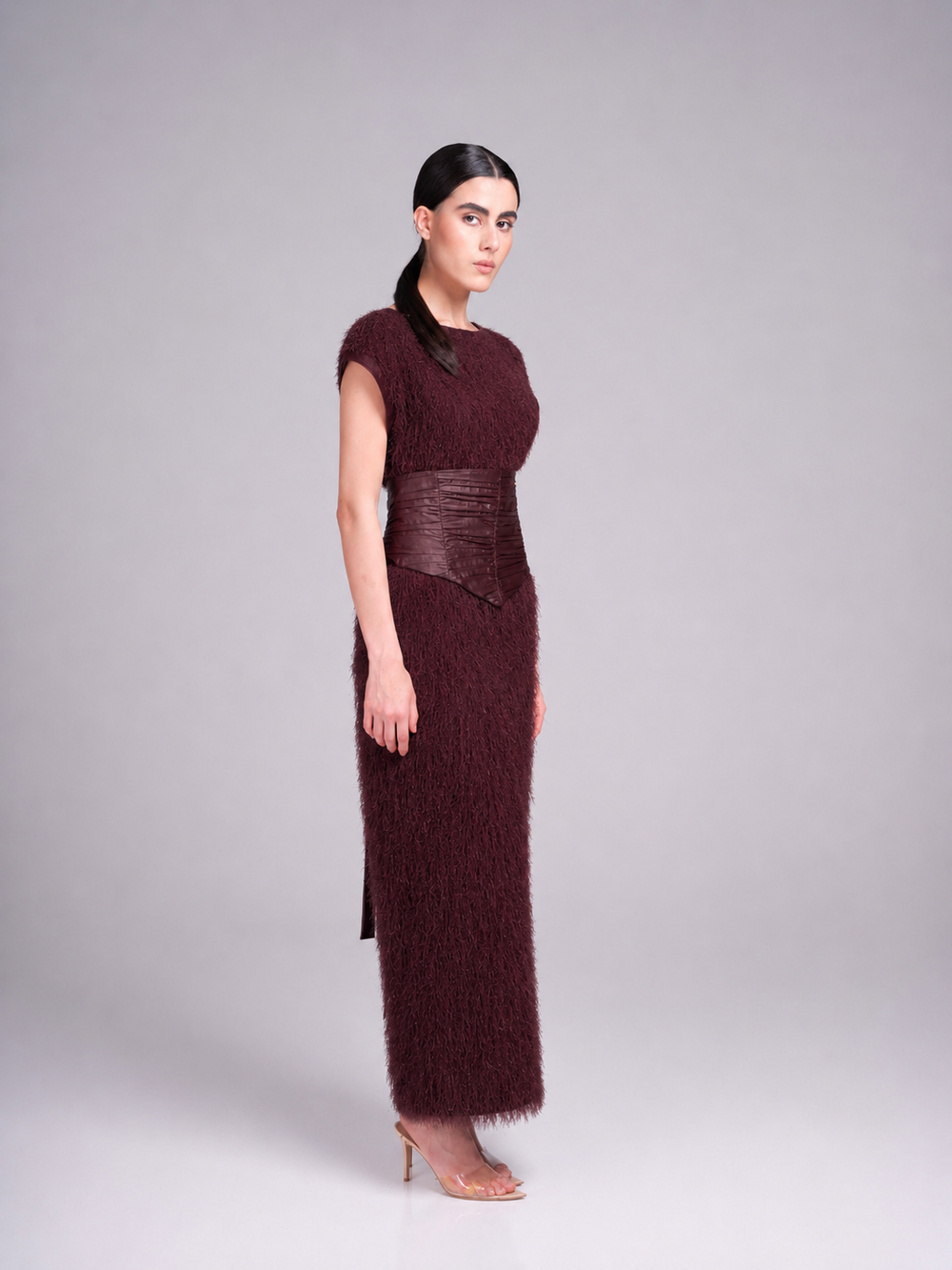 Maroon textured fringe festive dress with defined waist and side slit