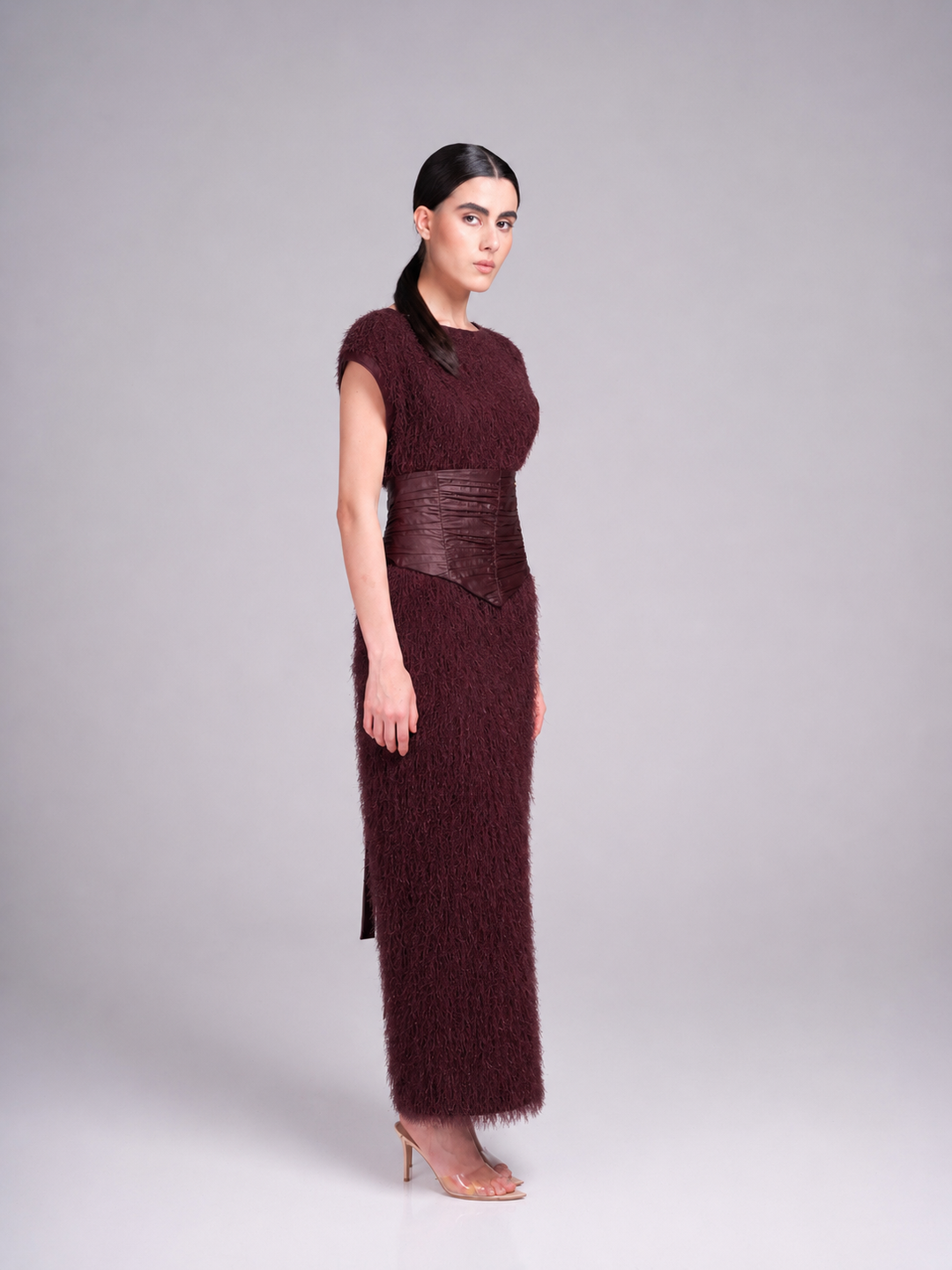 Maroon textured fringe festive dress with defined waist and side slit