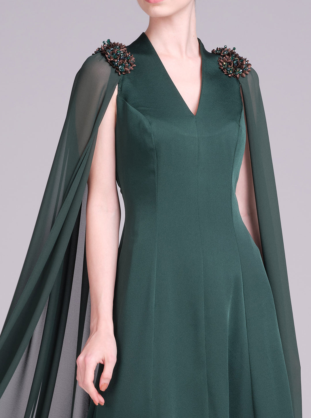 Diala Dress — Cape-Sleeve Crepe Maxi Dress
