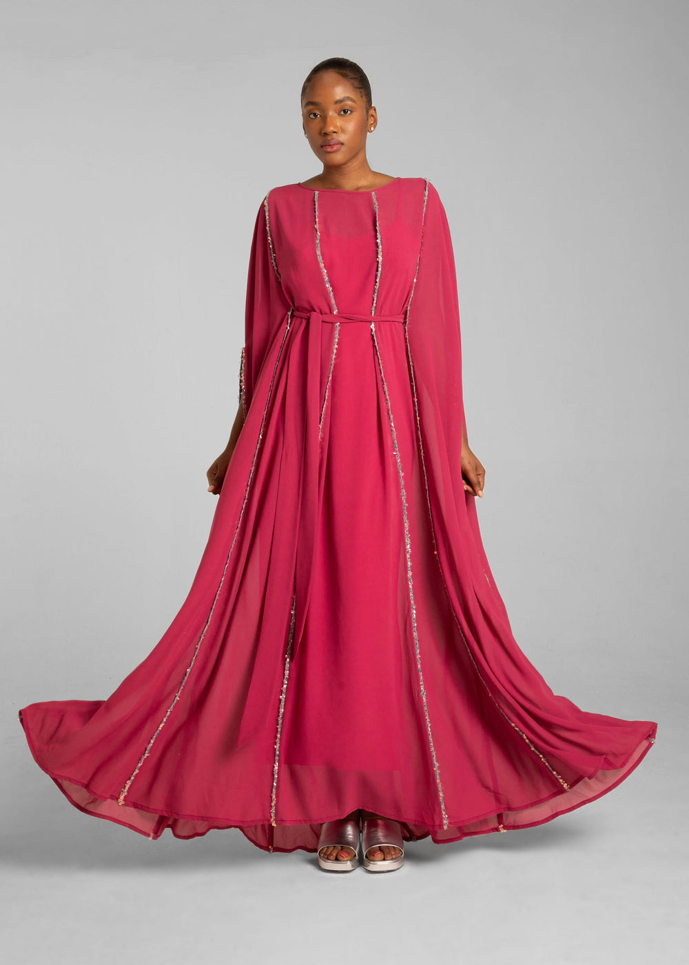 Hot pink georgette kaftan with sequin seams and self tie belt by Baruni