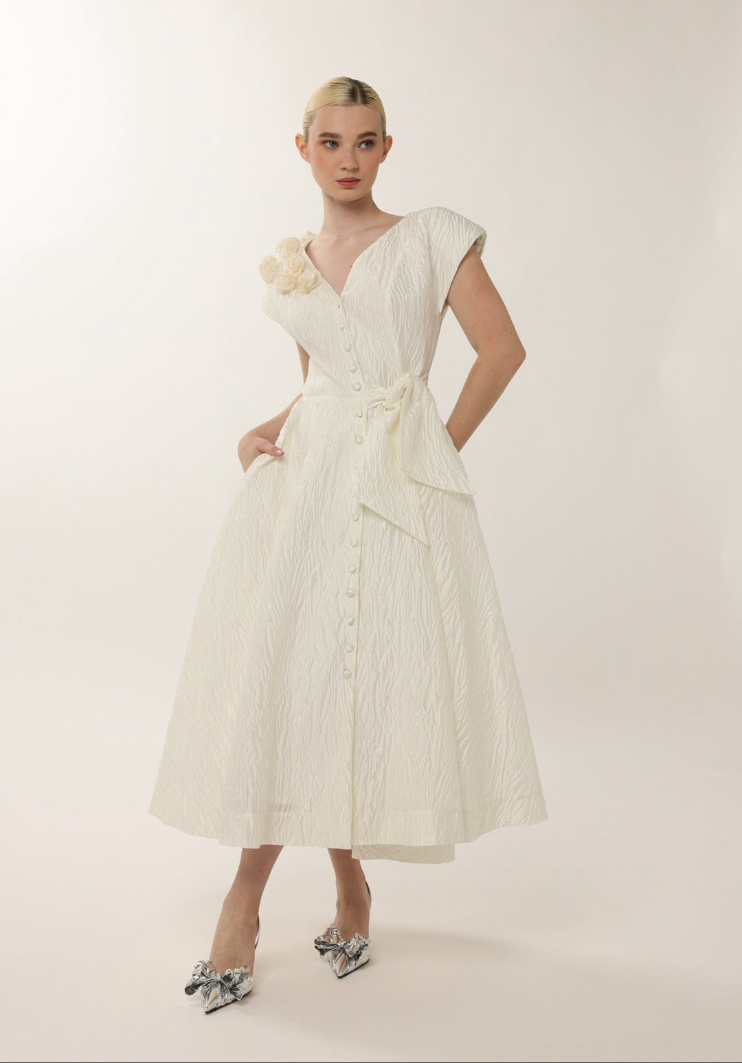 Ivory jacquard midi cocktail dress with floral neckline by Baruni