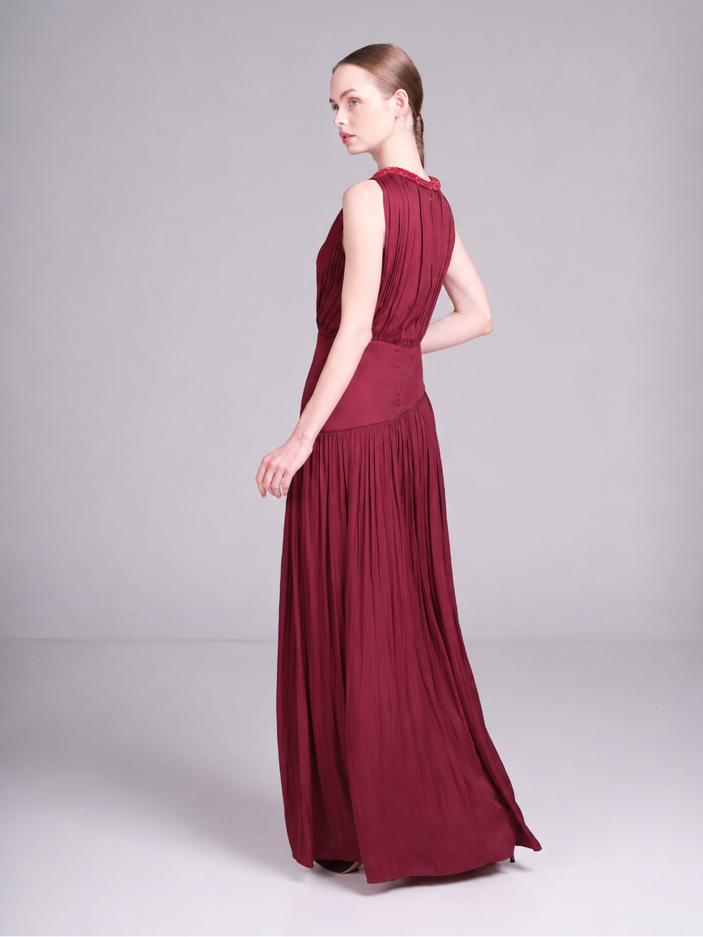 maroon special occasion maxi dress with beaded neckline