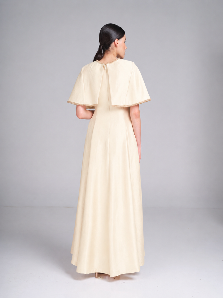 Alya Dress – Metallic Cape Maxi Evening Gown