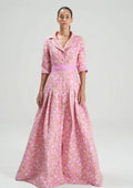 Loretta Gown: Lapel Collar Jacquard Maxi with Detachable Sleeves