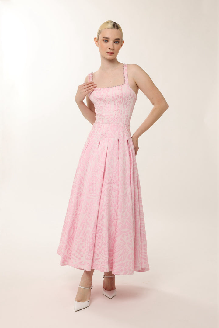 Elegant pink jacquard midi cocktail dress by Baruni