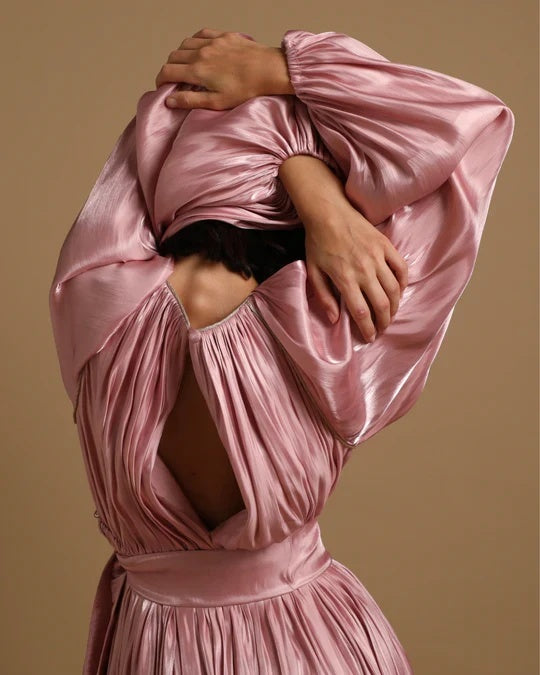 pink_satin_Baruni_Freesia_Dress_features_a_gathered_neckline
