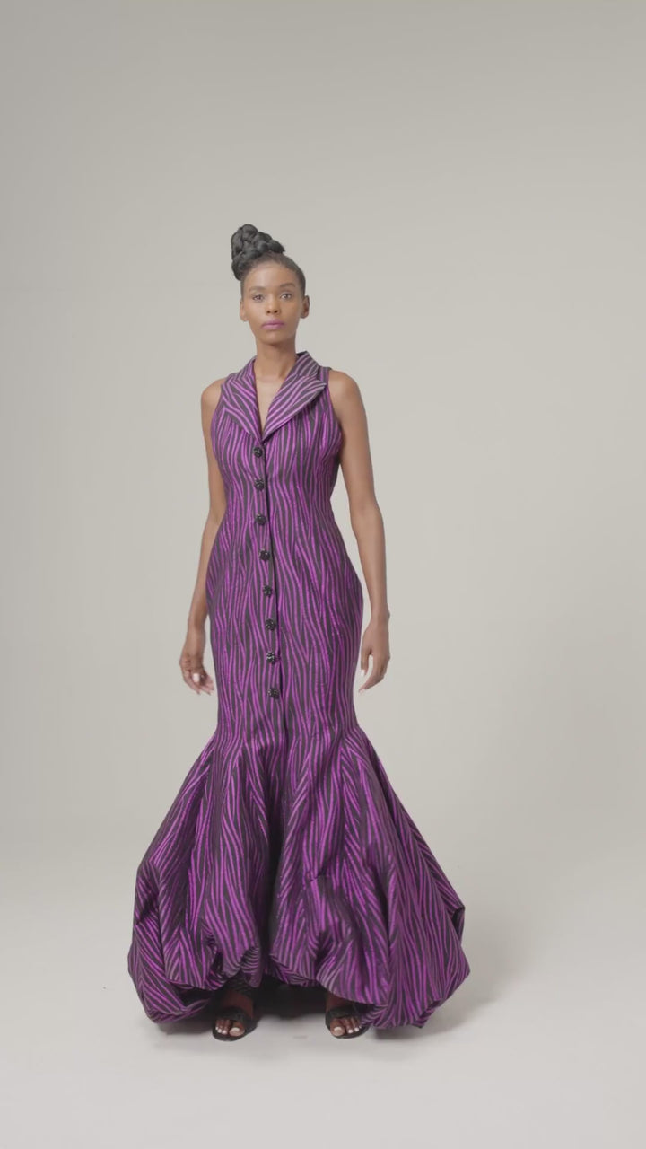 Adita Gown in mulberry, Lurex jacquard fishtail gown in motion, by Baruni