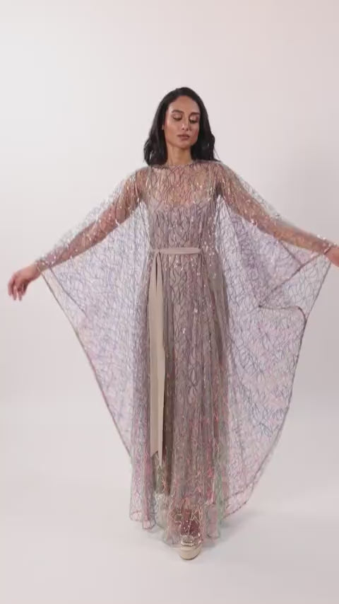 Video of the beige sequin mesh Habiba kaftan with georgette tie by Baruni