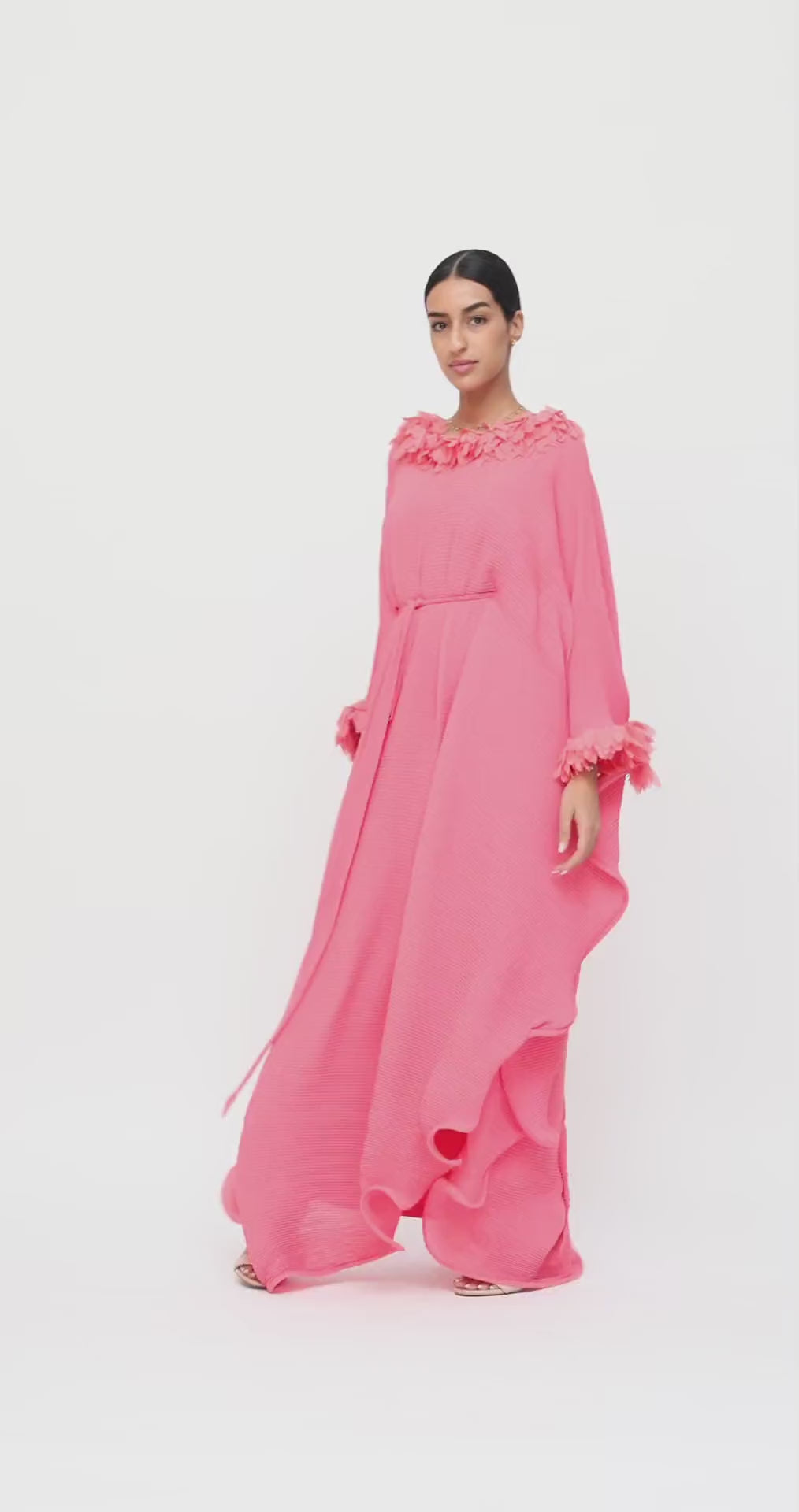 Video of the salmon pleated georgette Floretta kaftan with frills by Baruni