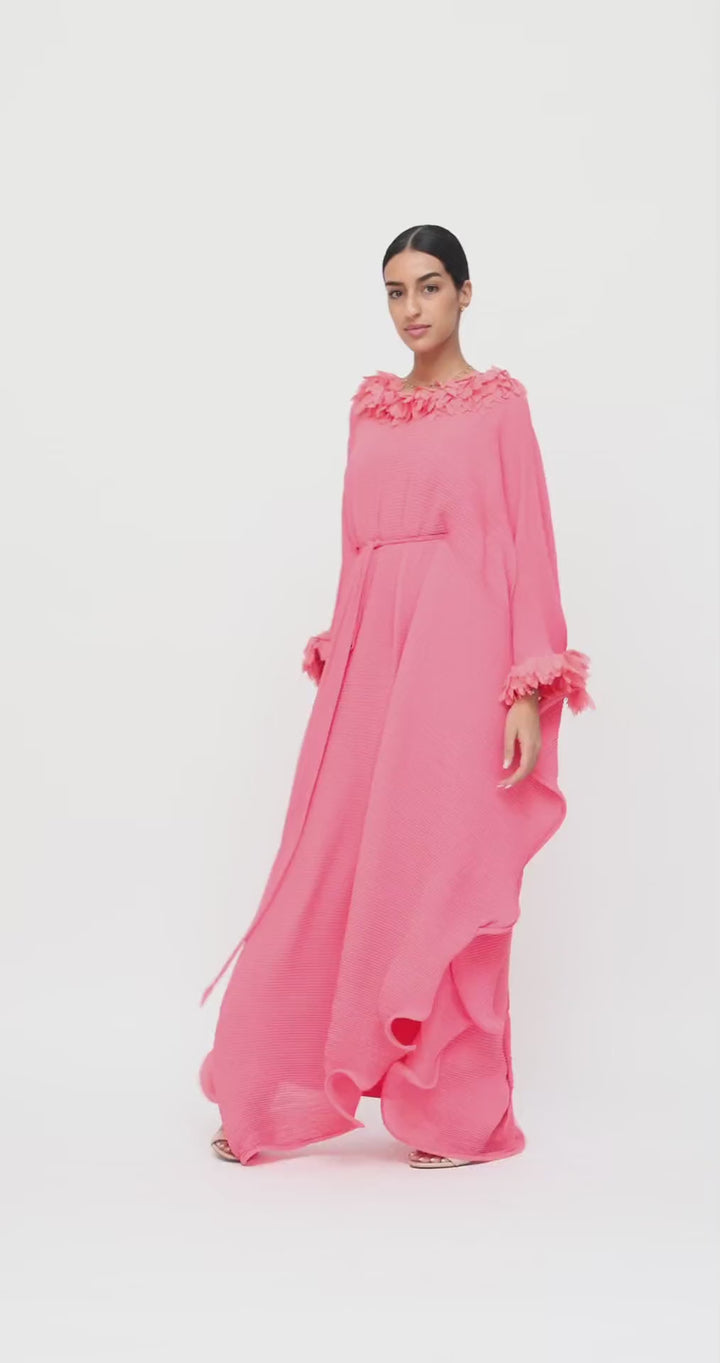 Video of the salmon pleated georgette Floretta kaftan with frills by Baruni