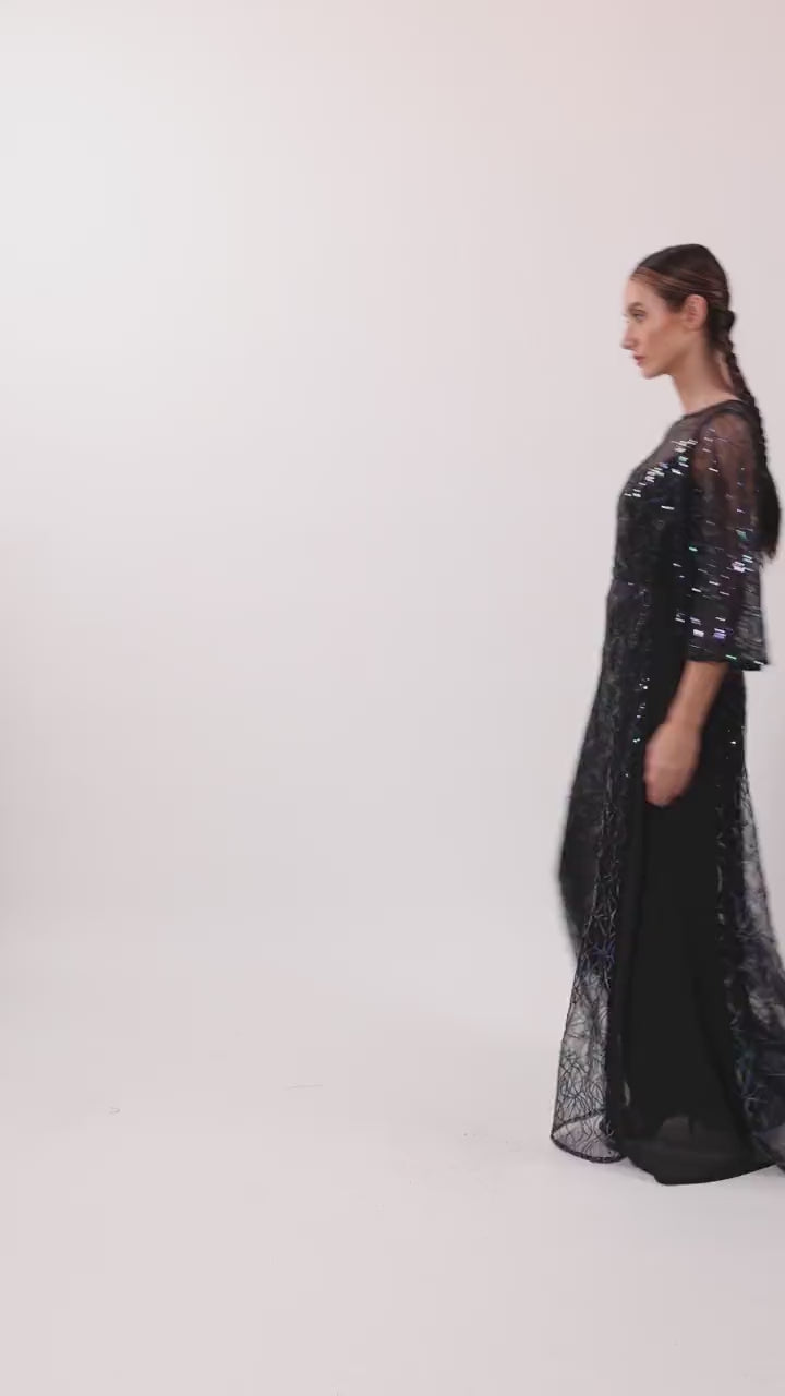 Ghaliya Dress, sequin tulle A line dress moving on the model, by Baruni