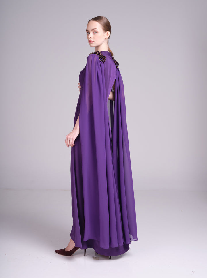 Diala Dress — Cape-Sleeve Crepe Maxi Dress