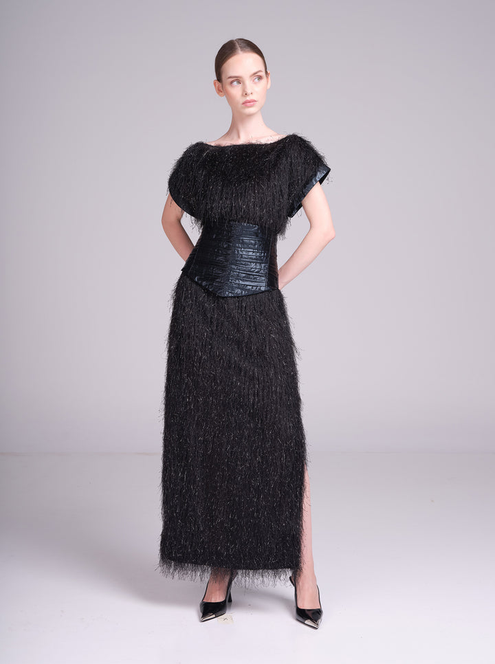 Razan black fringe special occasion dress with statement waist belt