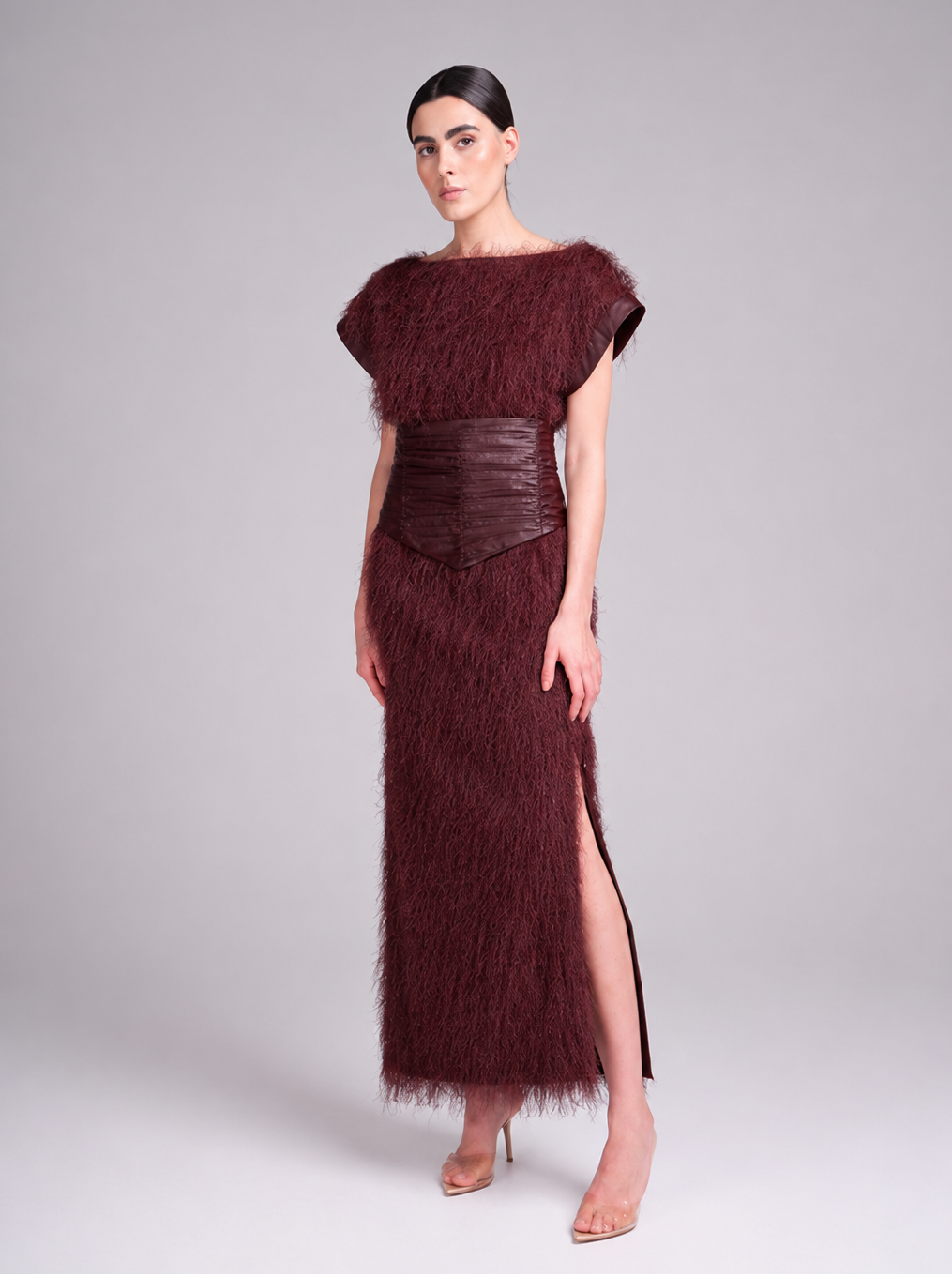 Razan maroon fringe special occasion dress with statement waist belt