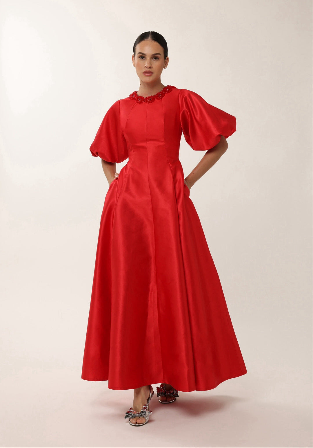Luxury red taffeta evening gown with floral beaded neckline