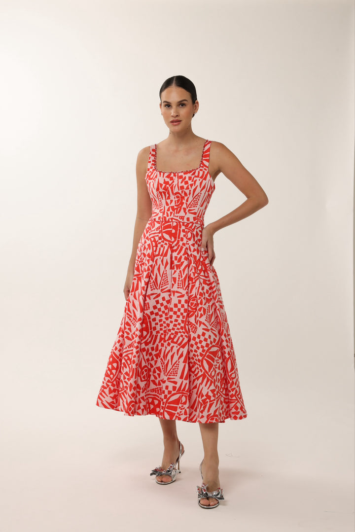 Elegant red jacquard midi cocktail dress